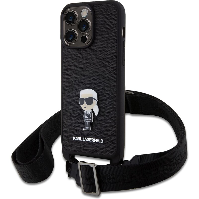 Ochranný kryt s crossbody popruhem pro iPhone 15 Pro MAX - Karl Lagerfeld, Saffiano Metal Ikonik Black