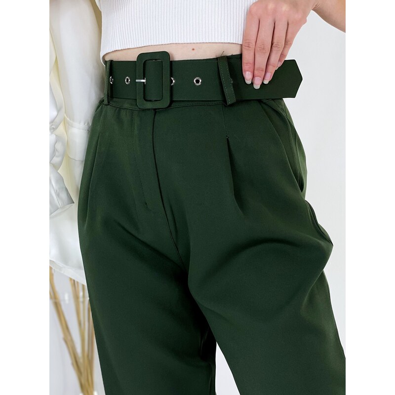 Webmoda Dámské khaki elegantní kalhoty s vysokým pasem a páskem LIA