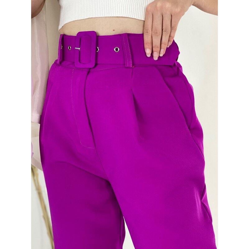 Webmoda Dámské fialové elegantní kalhoty s vysokým pasem a páskem LIA