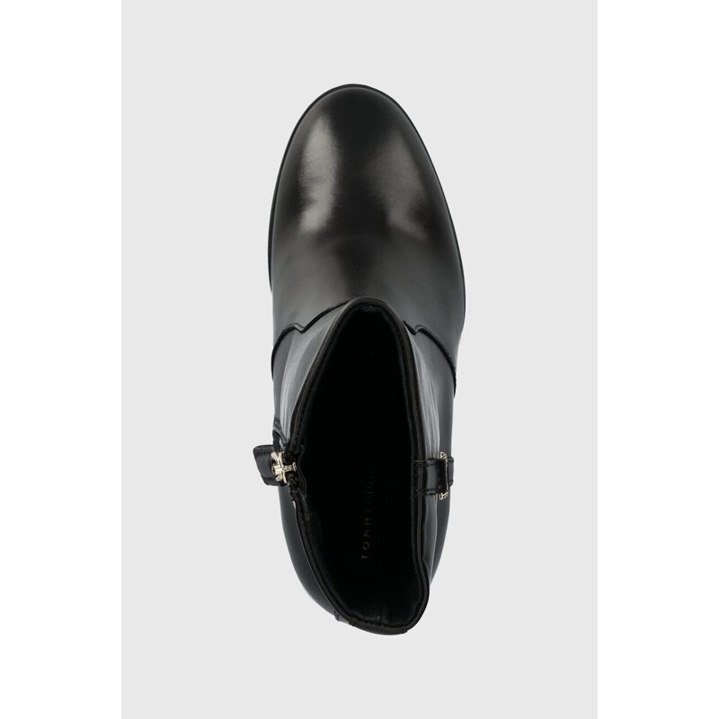 Kožené kotníkové boty Tommy Hilfiger FEMININE TH HARDWARE BOOTIE dámské, černá barva, na podpatku, FW0FW07540
