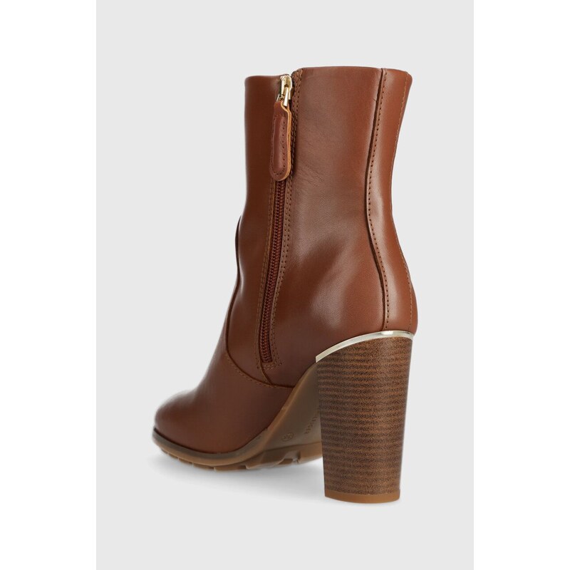 Kožené kotníkové boty Tommy Hilfiger FEMININE TH HARDWARE BOOTIE dámské, hnědá barva, na podpatku, FW0FW07540