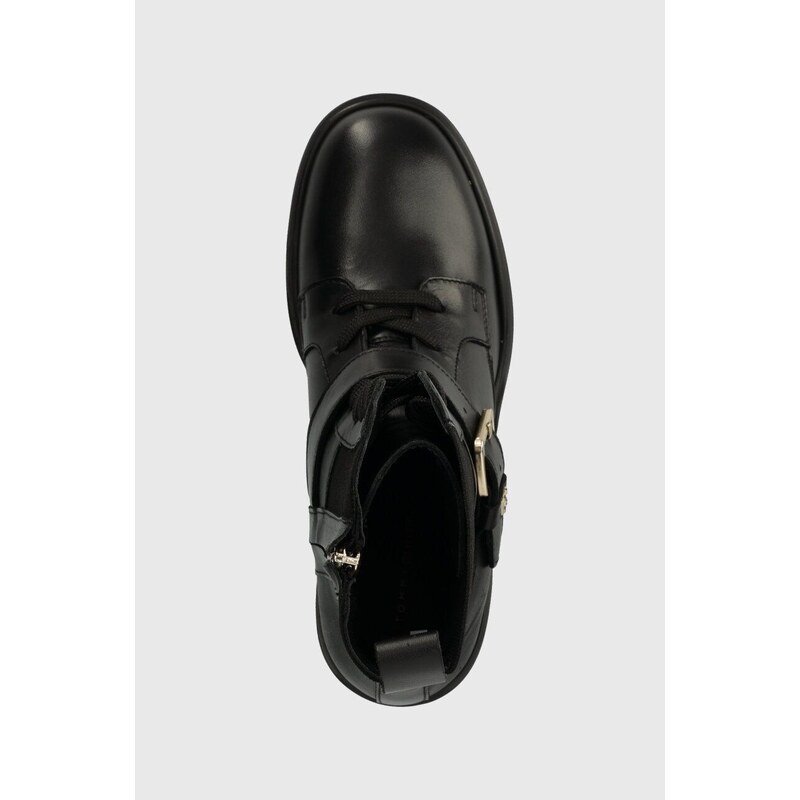 Kožené kotníkové boty Tommy Hilfiger TOMMY BELT LEATHER BOOT dámské, černá barva, na podpatku, FW0FW07526