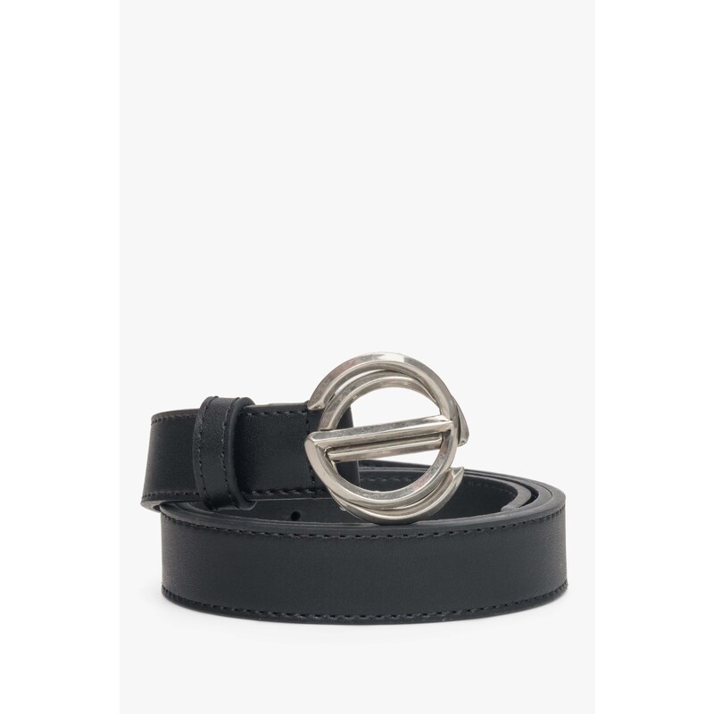 Black Women's Leather Belt with Silver Buckle Estro ER00113355
