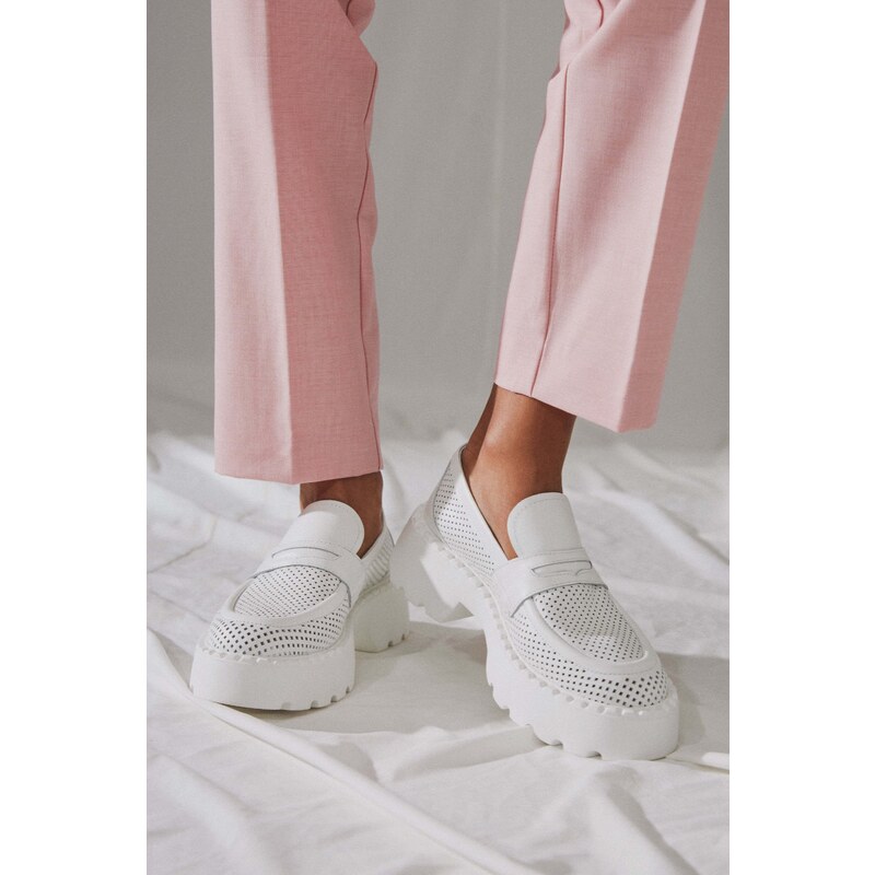 White Women's Perforated Loafers for Summer Estro ER00112849