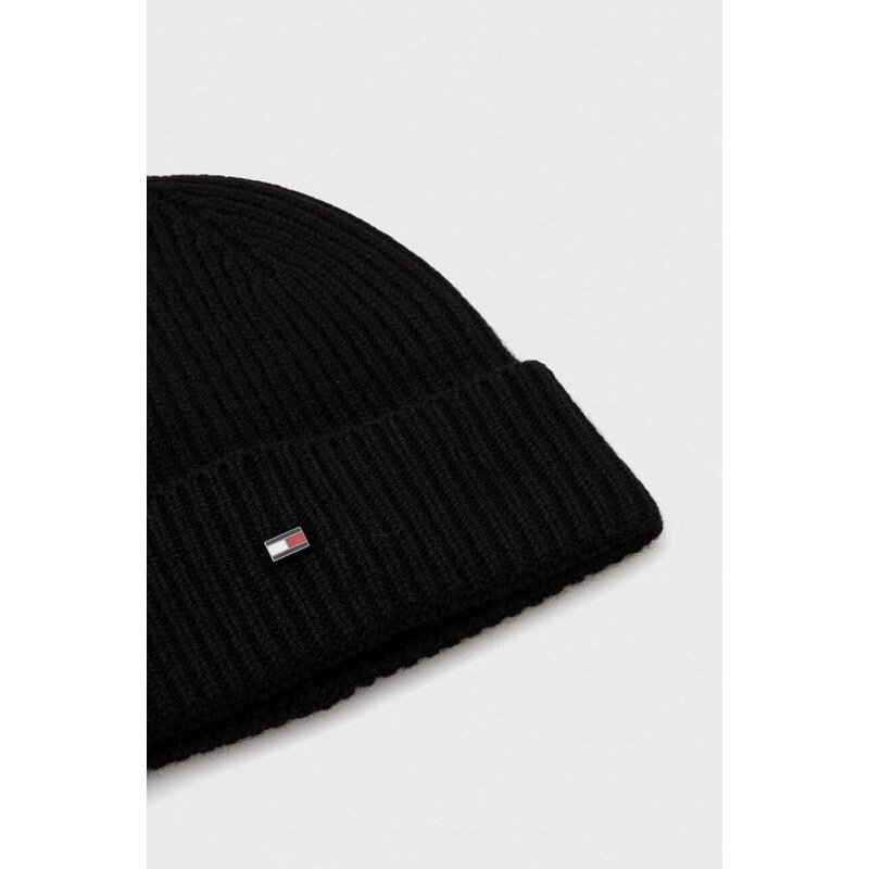 Kašmírová čepice Tommy Hilfiger černá barva, z tenké pleteniny, vlněná