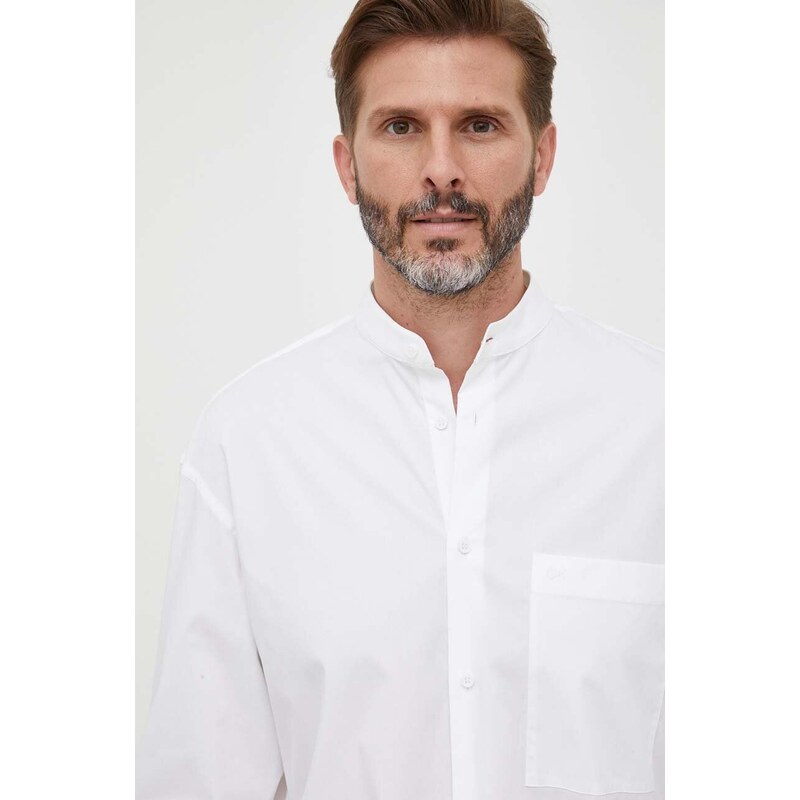 Košile Calvin Klein pánská, bílá barva, relaxed, se stojáčkem