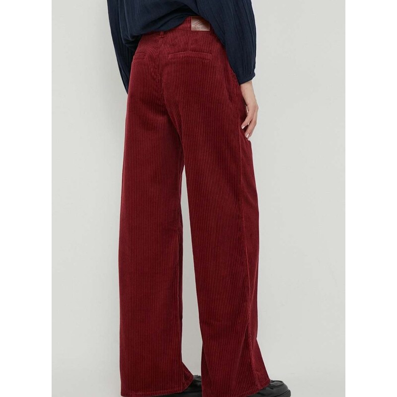 Kalhoty Pepe Jeans CECILIA CORD dámské, vínová barva, široké, high waist