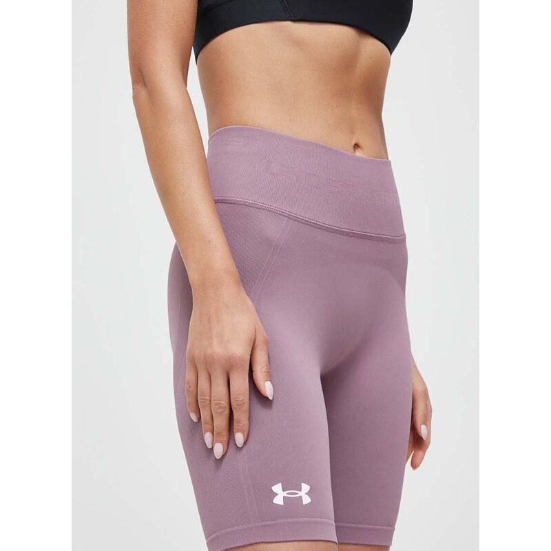 Tréninkové šortky Under Armour fialová barva, hladké, high waist, 1379151