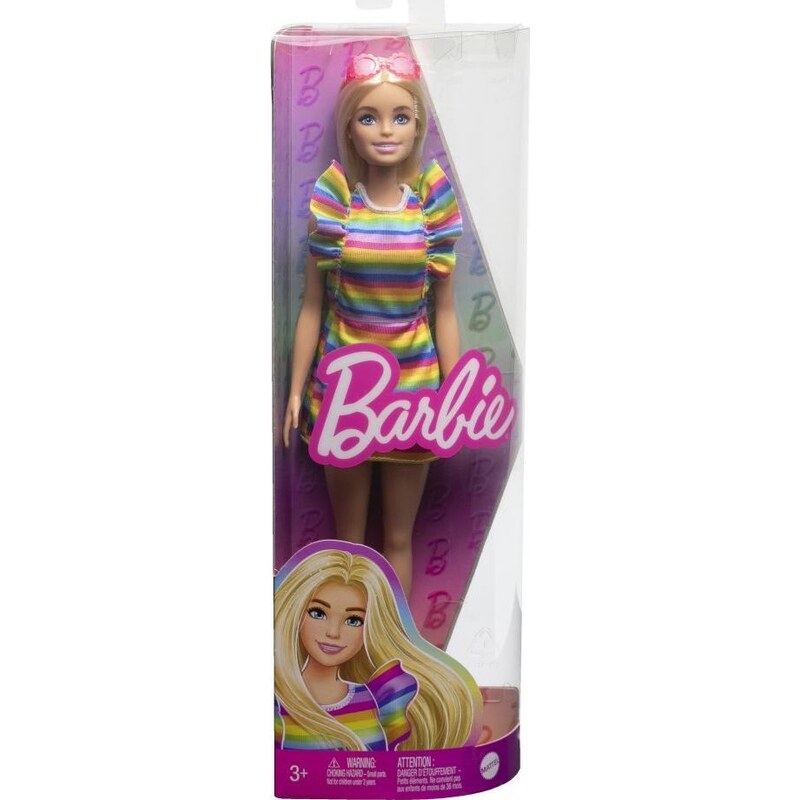Mattel Barbie modelka proužkované šaty s volány