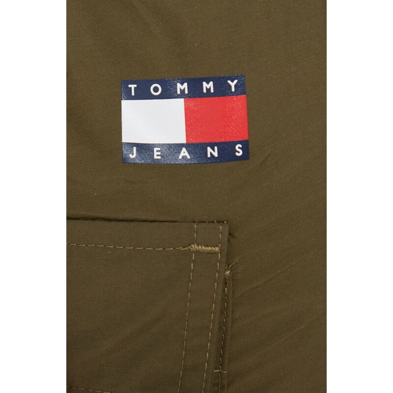 Kalhoty Tommy Jeans dámské, zelená barva, široké, medium waist