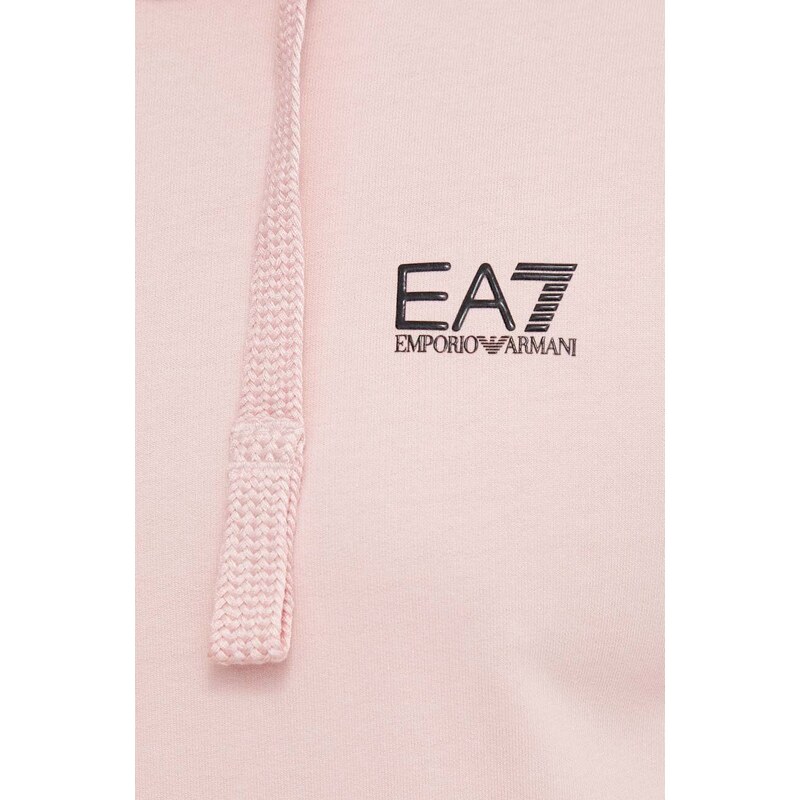 Bavlněná mikina EA7 Emporio Armani pánská, růžová barva, s kapucí, hladká