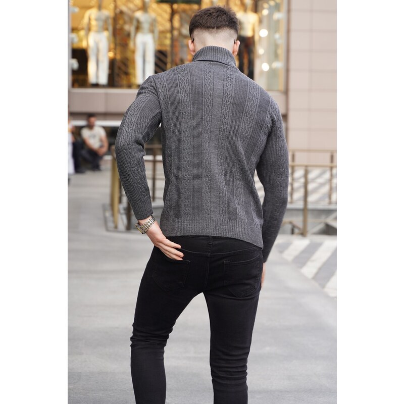 Madmext Anthracite Patterned Turtleneck Knitwear Sweater 5769