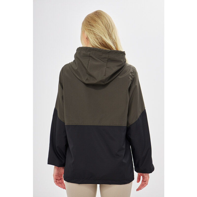 River Club Women's Khaki-Black Two-tone Lined Water And Windproof Hooded Raincoat With Pocket.