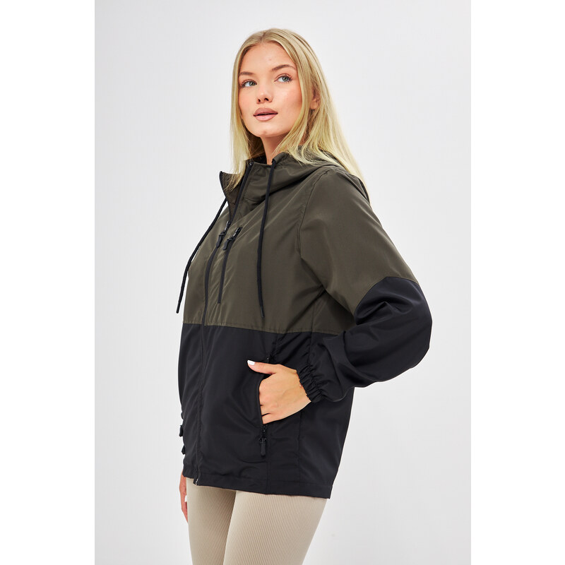 River Club Women's Khaki-Black Two-tone Lined Water And Windproof Hooded Raincoat With Pocket.