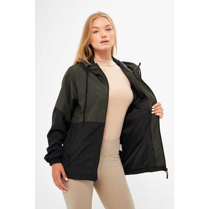 River Club Women's Khaki-Black Two-tone Lined Water And Windproof Hooded Raincoat With Pocket.