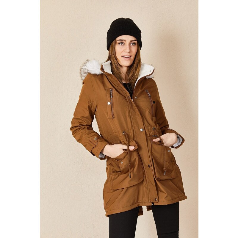 HAKKE Women's Snap-Up Hooded Fur Coat with Chest Pocket