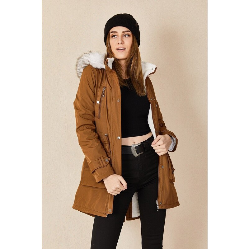 HAKKE Women's Snap-Up Hooded Fur Coat with Chest Pocket