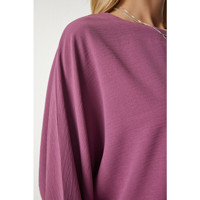 Happiness İstanbul Women's Dark Lilac Bat Sleeves Flowy Curtain Wrapper Shirt