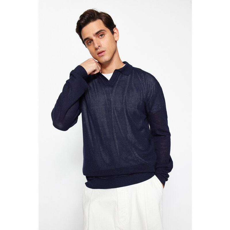 Trendyol Navy Regular Fit Polo Neck Crochet Detail Cotton Knitwear Sweater