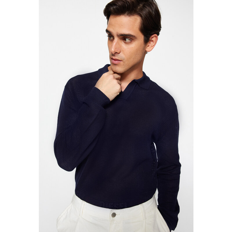 Trendyol Navy Regular Fit Polo Neck Crochet Detail Cotton Knitwear Sweater