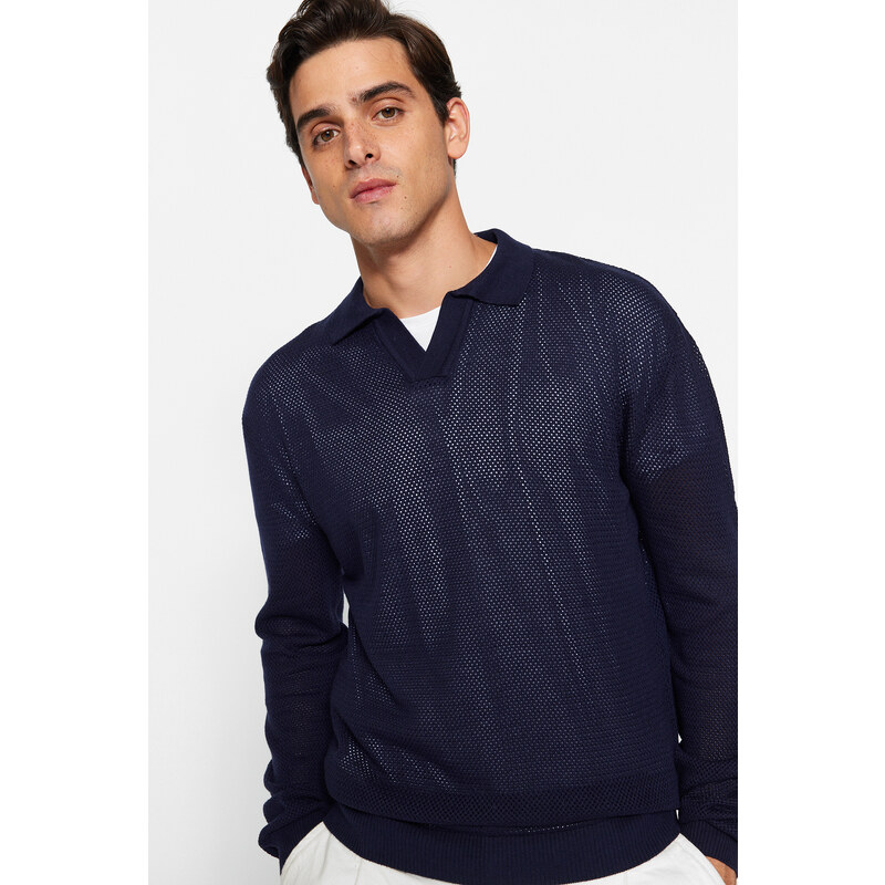 Trendyol Navy Regular Fit Polo Neck Crochet Detail Cotton Knitwear Sweater