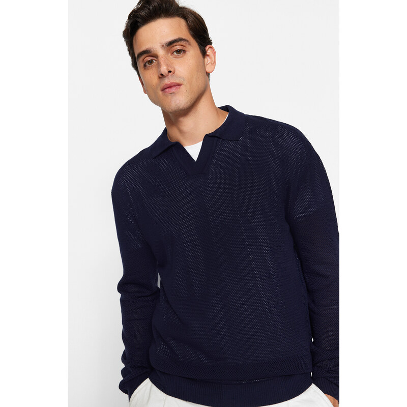 Trendyol Navy Regular Fit Polo Neck Crochet Detail Cotton Knitwear Sweater