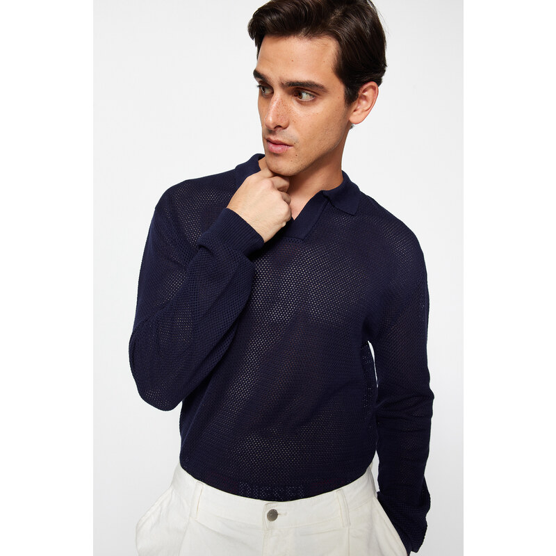 Trendyol Navy Regular Fit Polo Neck Crochet Detail Cotton Knitwear Sweater