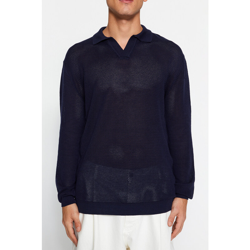 Trendyol Navy Regular Fit Polo Neck Crochet Detail Cotton Knitwear Sweater