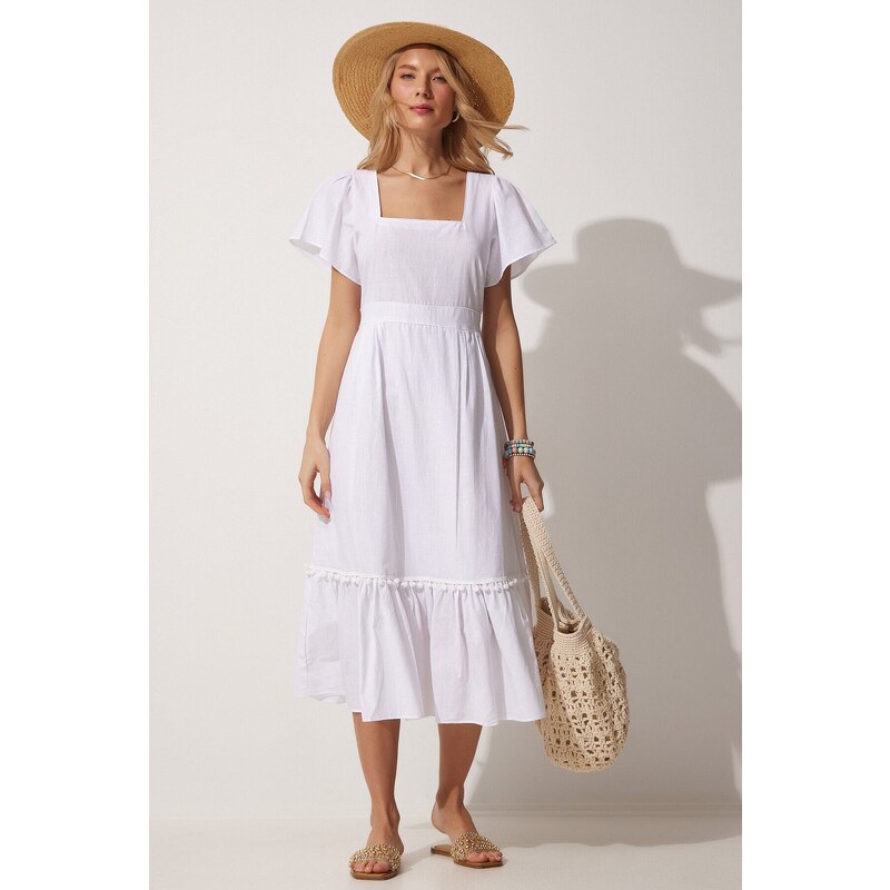 Happiness İstanbul Women's White Square Collar Linen Dress