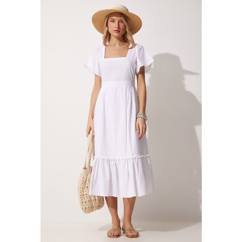 Happiness İstanbul Women's White Square Collar Linen Dress