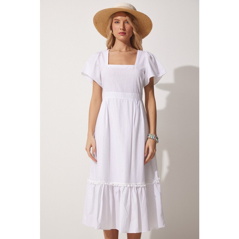 Happiness İstanbul Women's White Square Collar Linen Dress