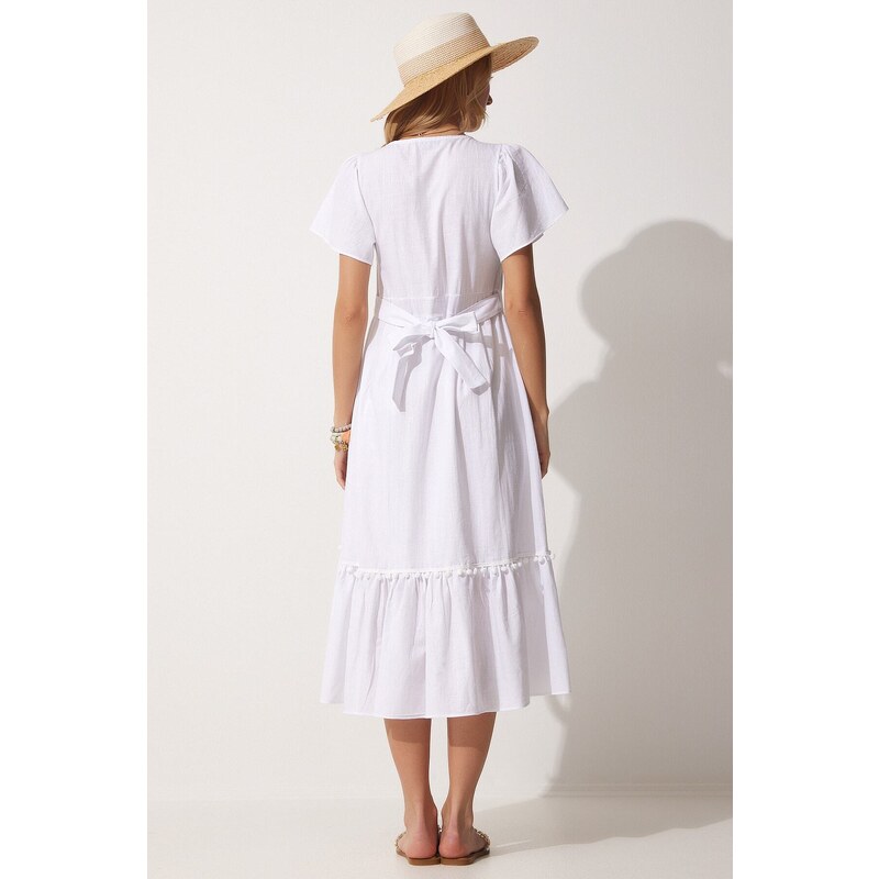 Happiness İstanbul Women's White Square Collar Linen Dress