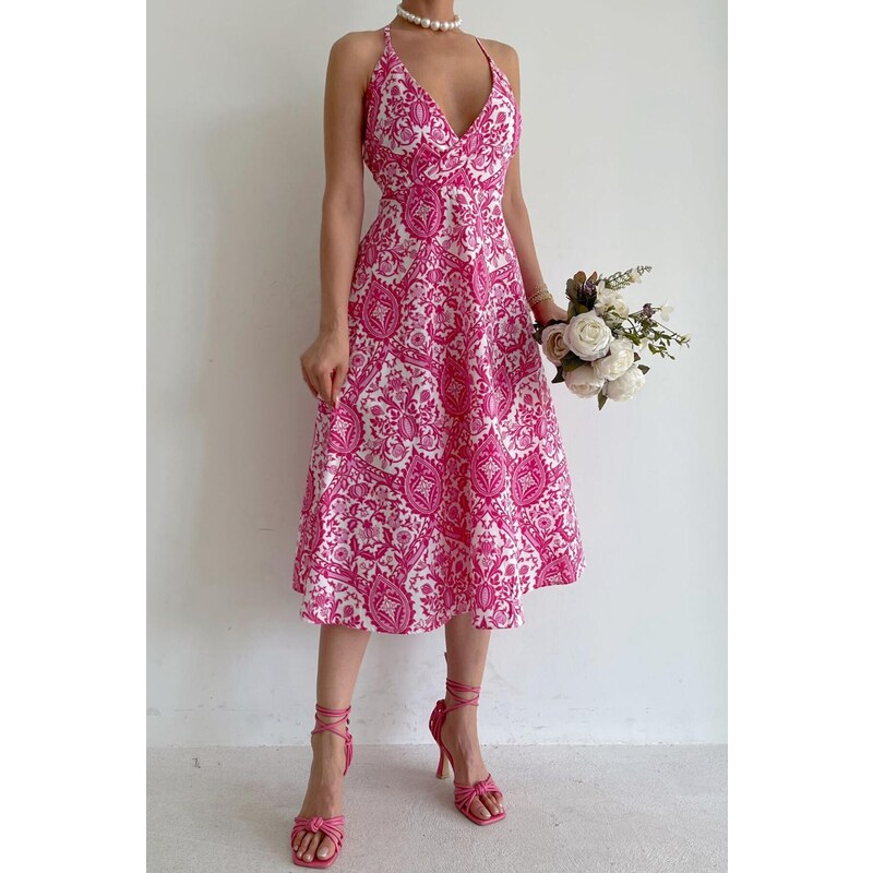 Madmext Pink Patterned Decollete Midi Length Dress