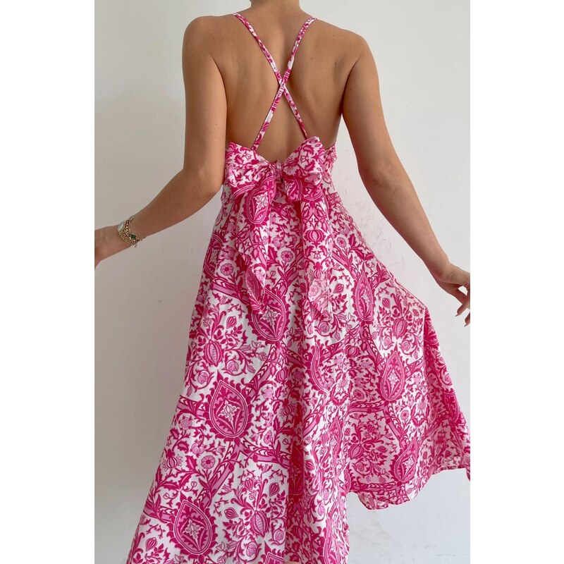 Madmext Pink Patterned Decollete Midi Length Dress