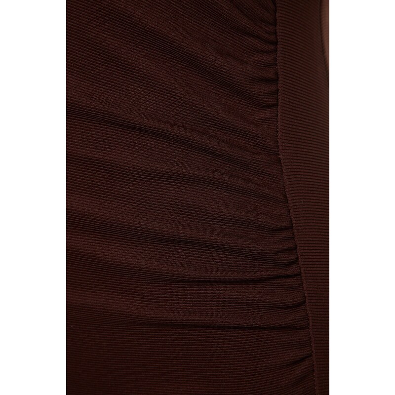 Trendyol Ottoman Brown Shirring Detailní vypasované mini, elastické pletené šaty s rozparkem