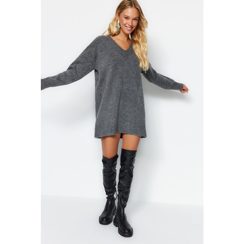 Trendyol Anthracite Mini Knitwear Soft Textured V Neck Dress