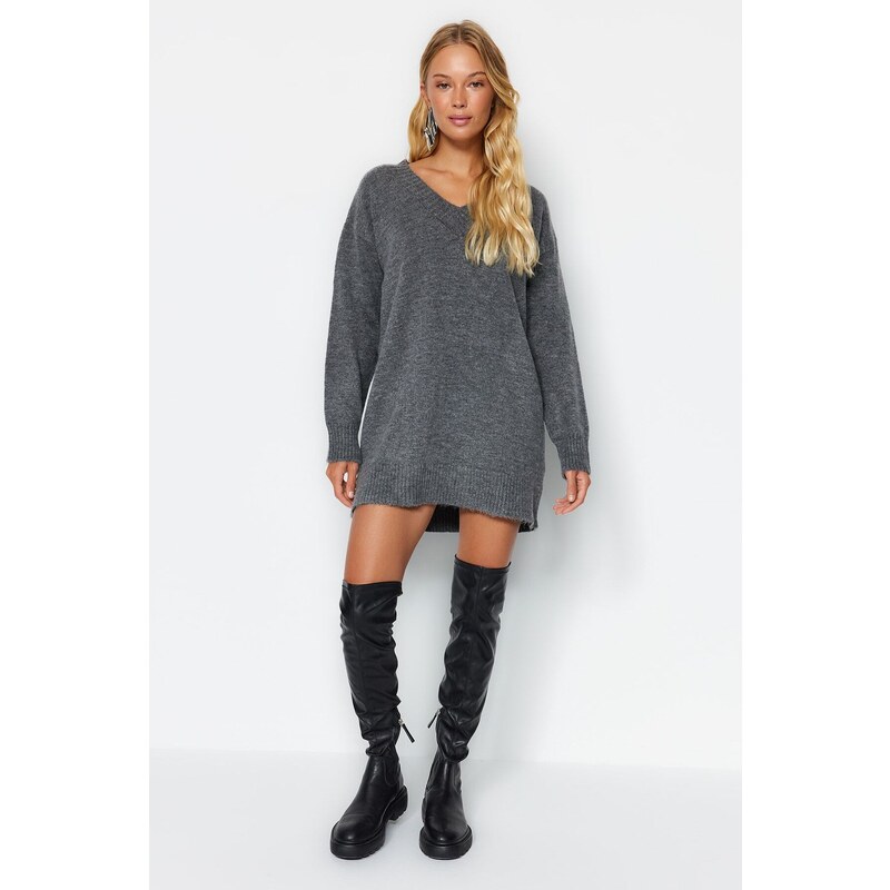 Trendyol Anthracite Mini Knitwear Soft Textured V Neck Dress