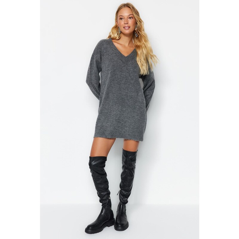 Trendyol Anthracite Mini Knitwear Soft Textured V Neck Dress