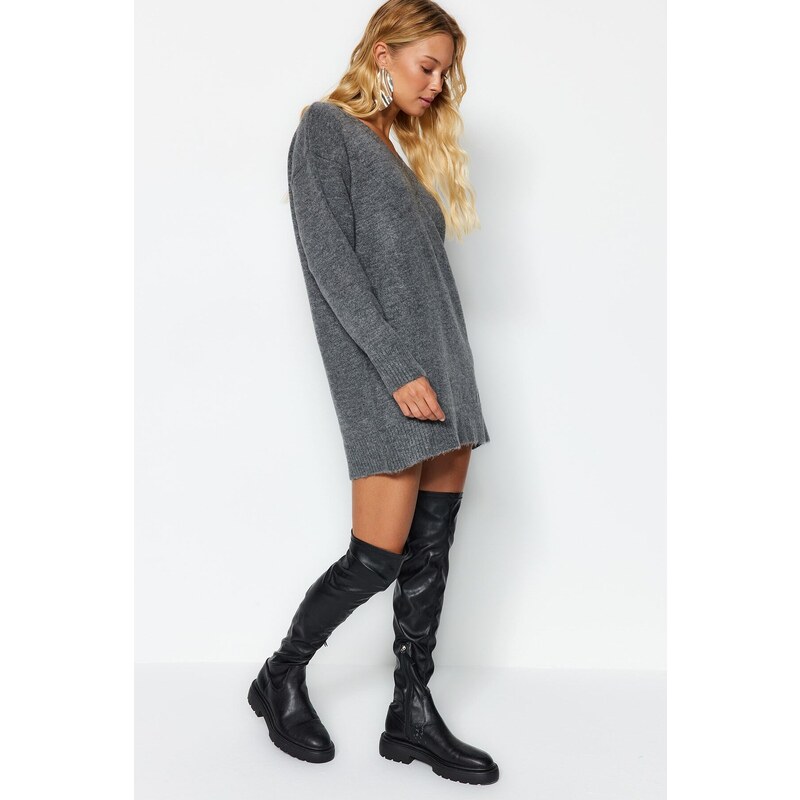 Trendyol Anthracite Mini Knitwear Soft Textured V Neck Dress