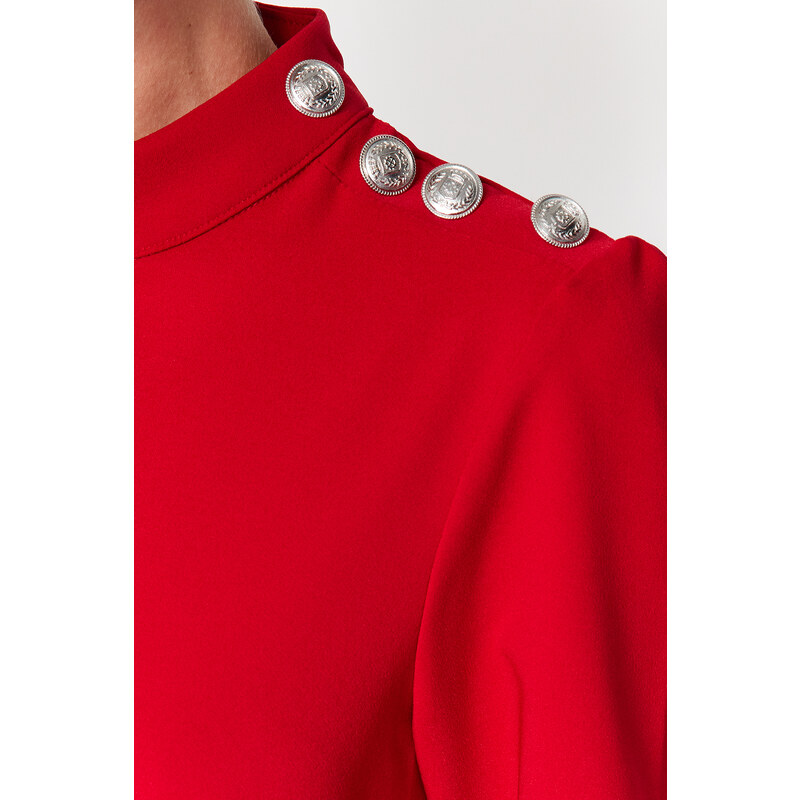 Trendyol Red Belted A-Line Button Detailní tkané šaty