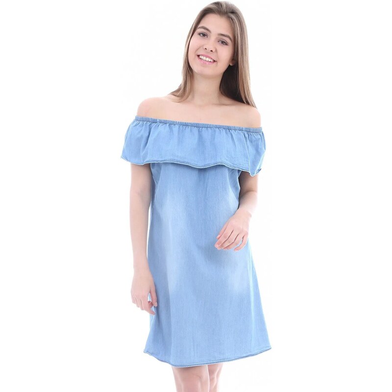 Bigdart 1481 Off Shoulder Denim Dress - Light Blue