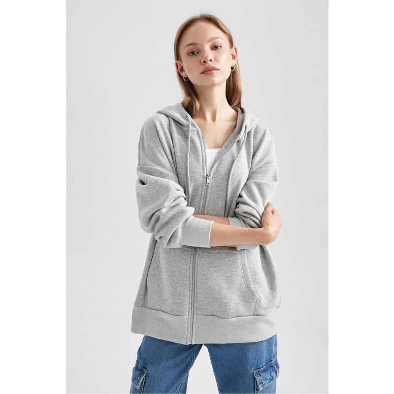 DEFACTO Oversize Fit Hooded Thick Sweatshirt Fabric Cardigan