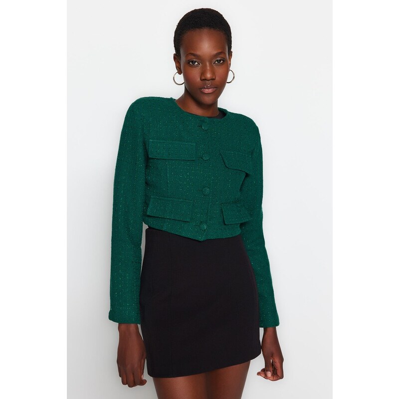 Trendyol Emerald Green Tweed Crop Woven Jacket