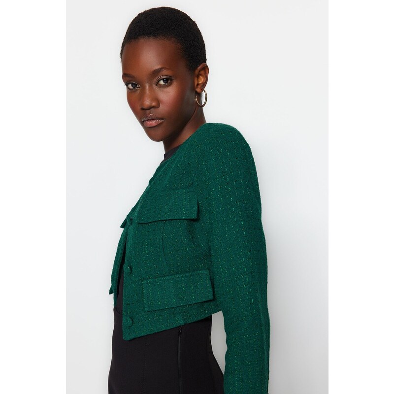 Trendyol Emerald Green Tweed Crop Woven Jacket