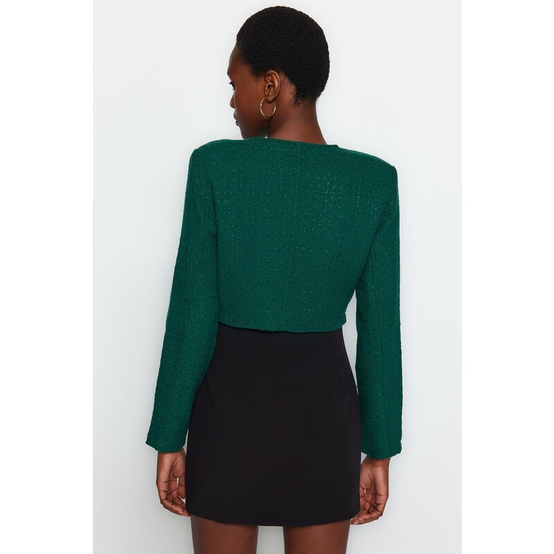 Trendyol Emerald Green Tweed Crop Woven Jacket