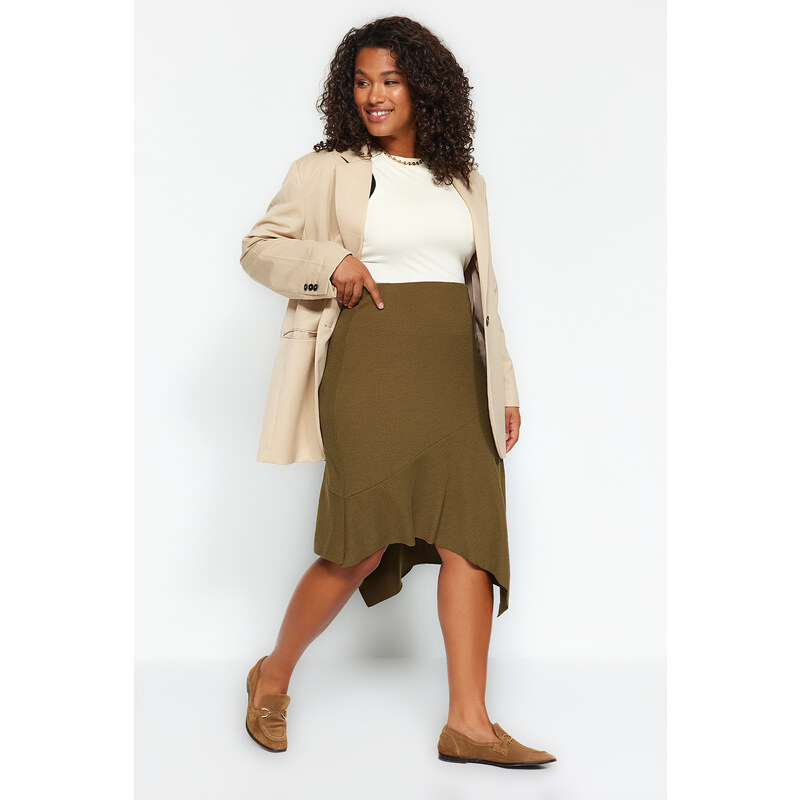 Trendyol Curve Khaki Asymmetric Wrap Knitted Skirt