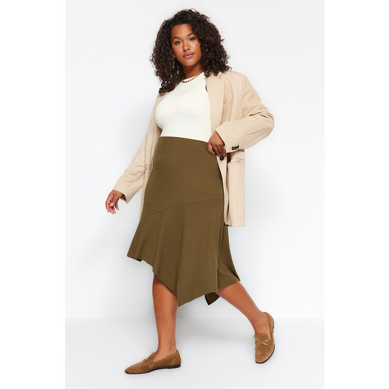 Trendyol Curve Khaki Asymmetric Wrap Knitted Skirt