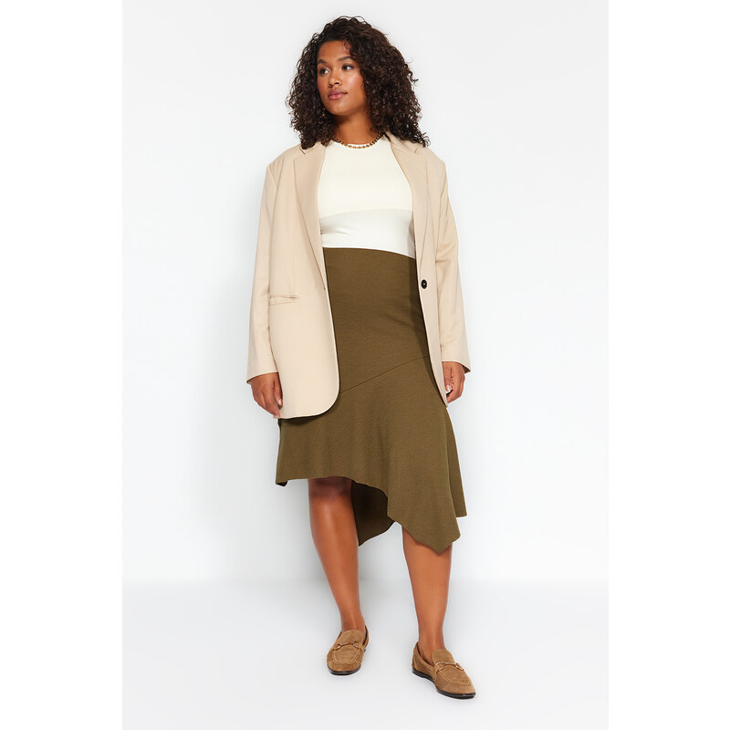 Trendyol Curve Khaki Asymmetric Wrap Knitted Skirt