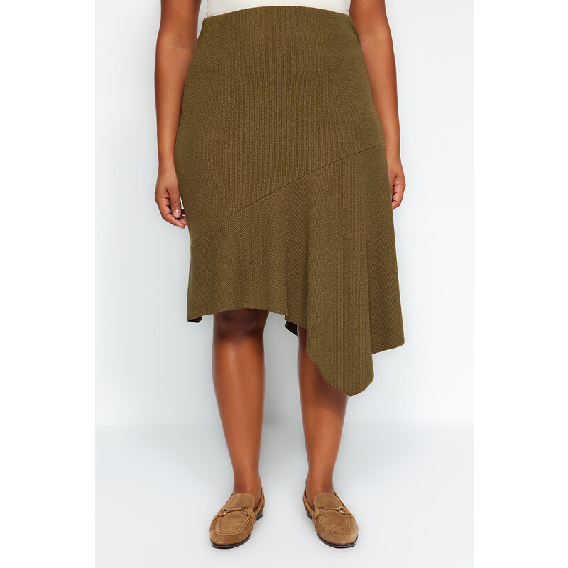 Trendyol Curve Khaki Asymmetric Wrap Knitted Skirt