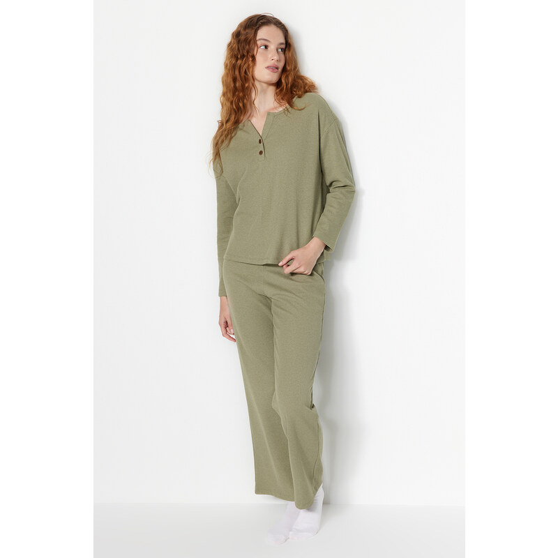 Trendyol Green Waffle Tshirt-Pants Knitted Pajama Set